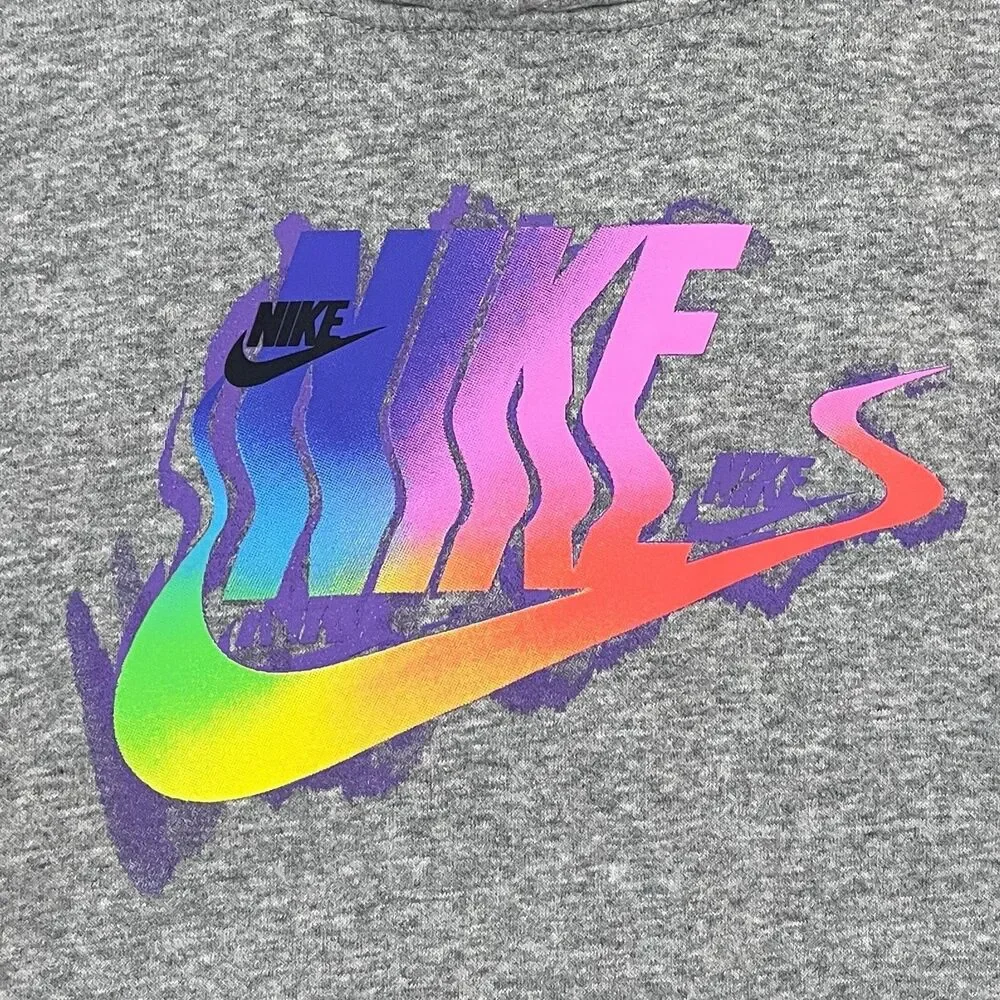 Nike Unisex Kids M Gray Fleece Pullover Hoodie Rainbow Logo Pockets